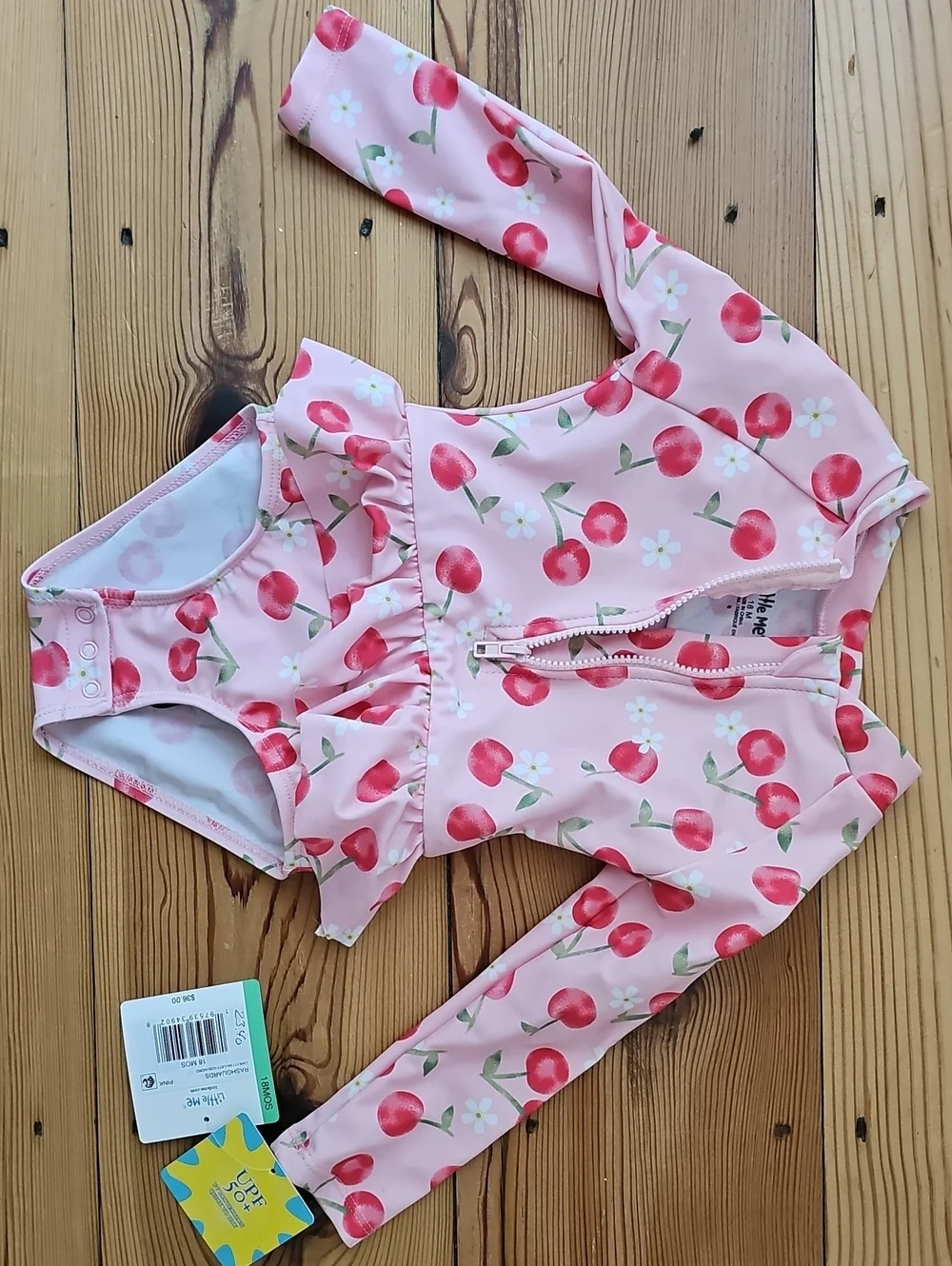 Little Me Pink Cherry Ruffle Front-Zip Long-Sleeve Swimsuit